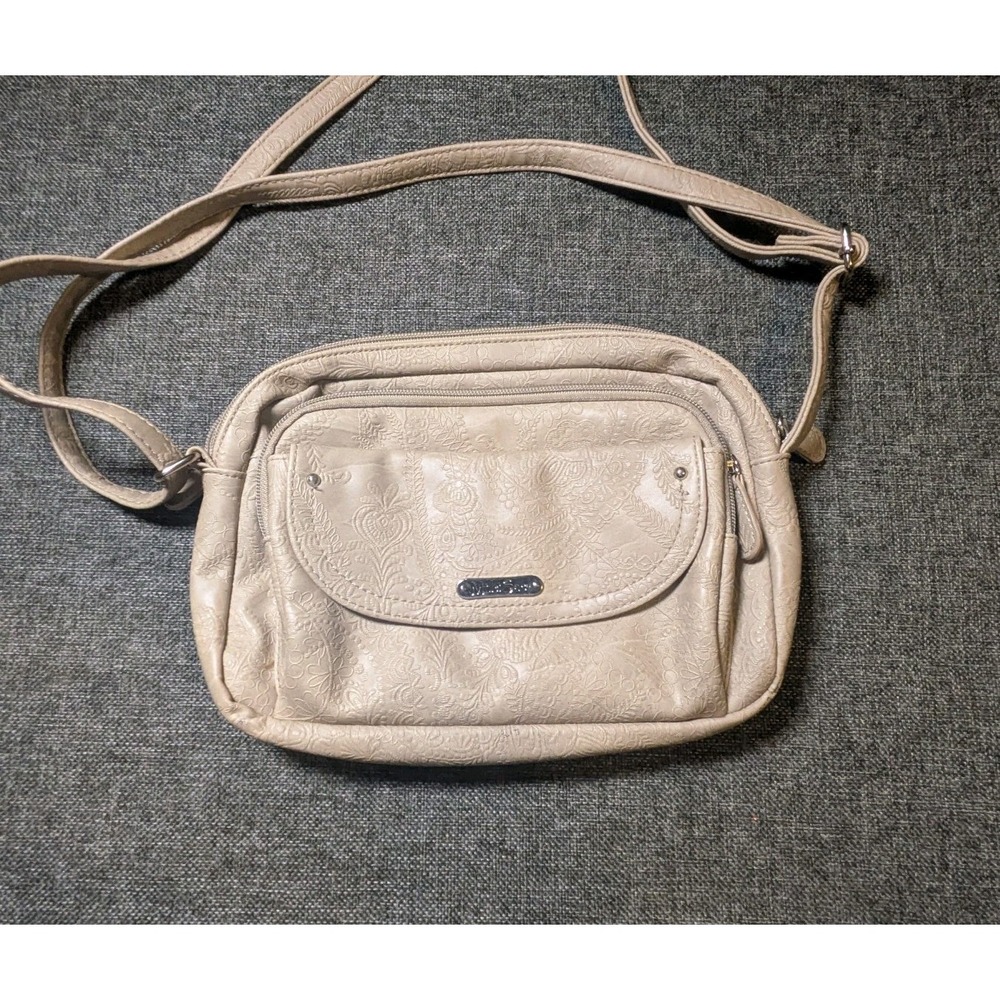 Mùltì Sac Zippy Floral Faux Leather Crossbody Bag Beige Embossed Flowers Purse